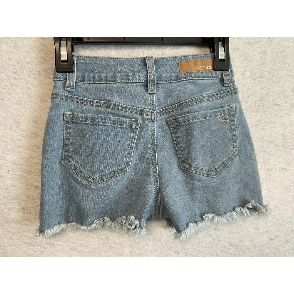 Justice Shorts Girls 7 Blue Denim Mini Mom Sequin Fringe Pockets Raw Hem Sparkle